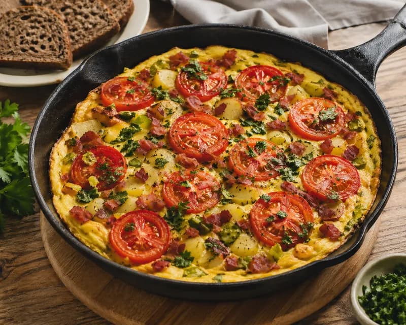 Æggekage med bacon, løg, porre og kartofler