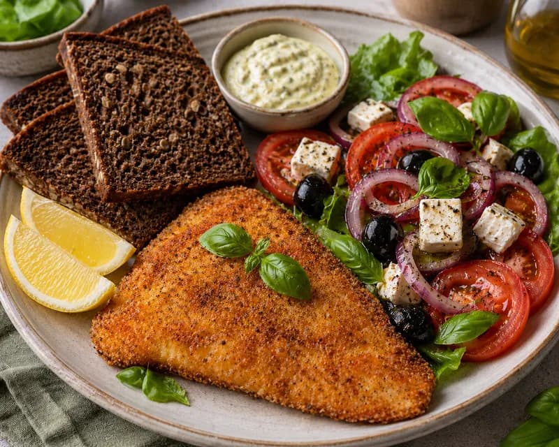 Fiskefilet med rugbrød og salat