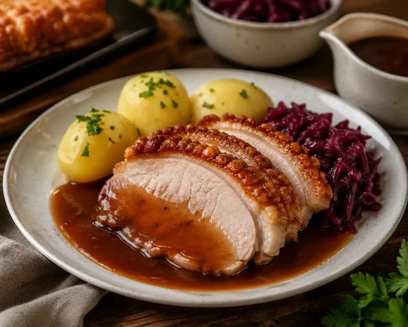 Flæskesteg med kartofler og brunsovs