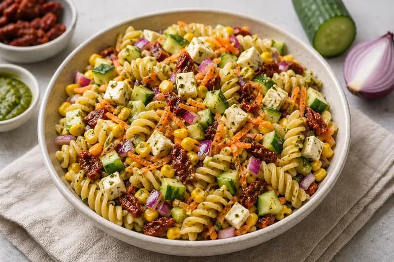 Pastasalat med feta og pesto