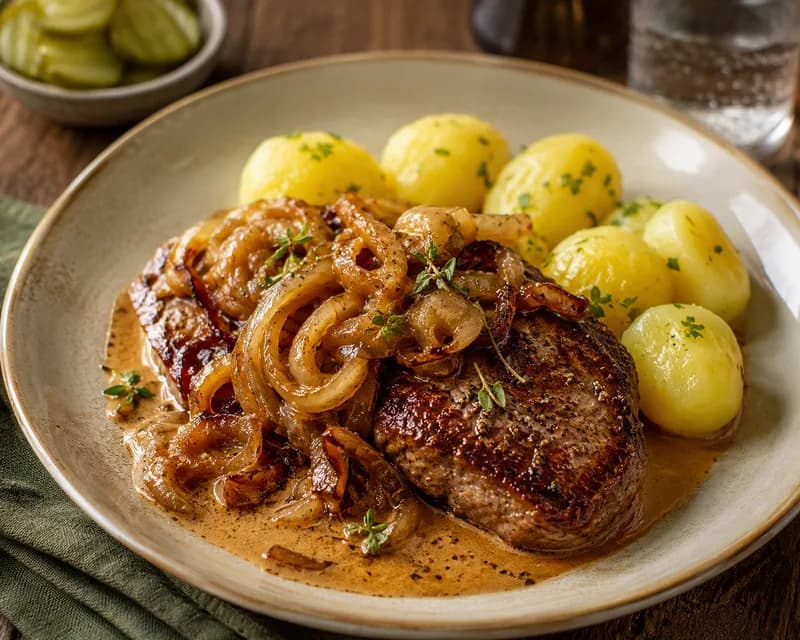 Steak med brune løg