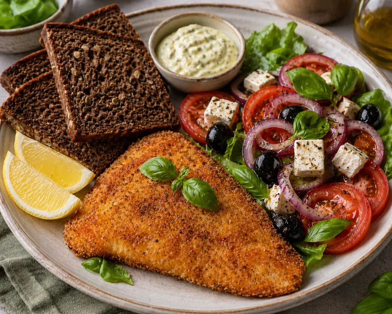Fiskefilet med rugbrød og salat