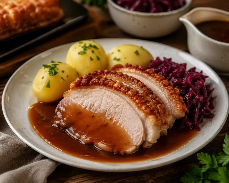 Flæskesteg med kartofler og brunsovs