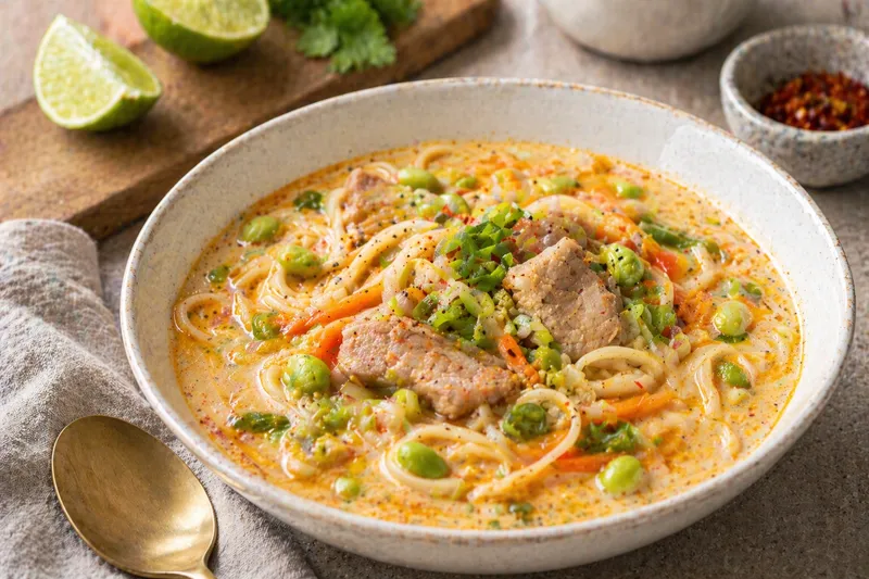 Nudelsuppe med grisemørbrad og kokos
