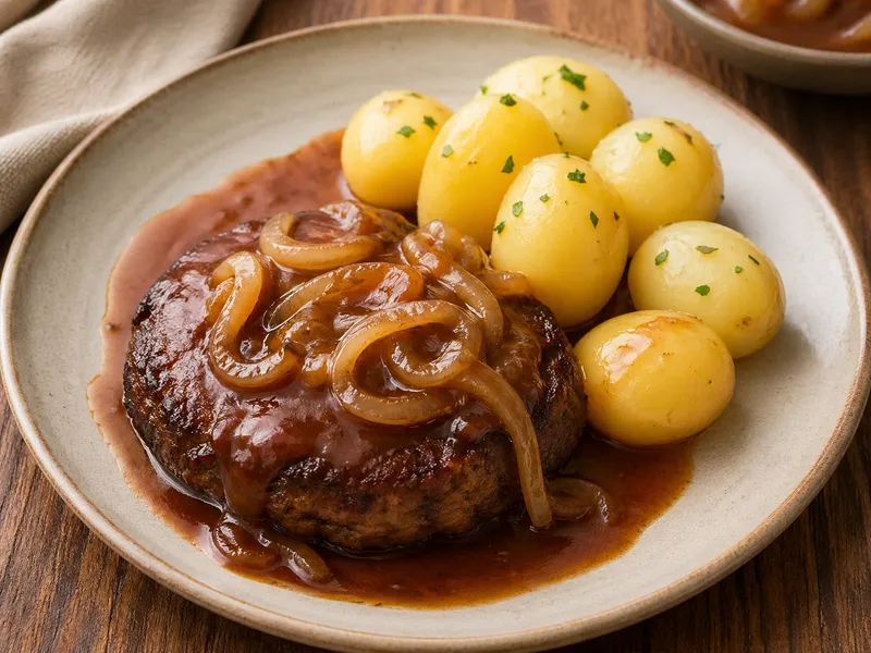 Hakkebøf med bløde løg, brun sauce og kartofler