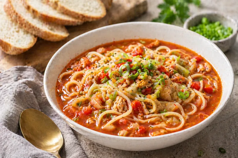 Nudelsuppe med kylling og tomat