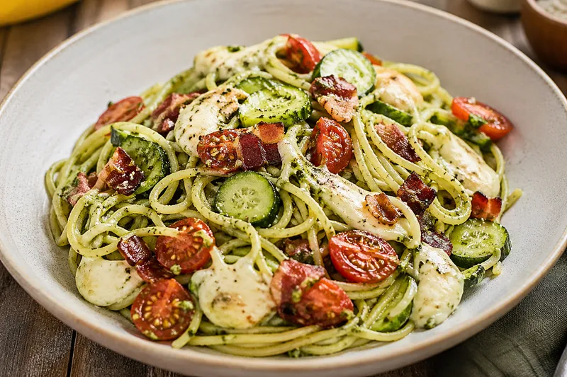 Pasta pesto med bacon og mozzarella