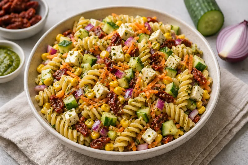 Pastasalat med feta og pesto